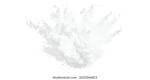 White powder explosion, isolated on white background. Bright white paint color powder explosion. Abstract gray and white explosion powder background texture.	