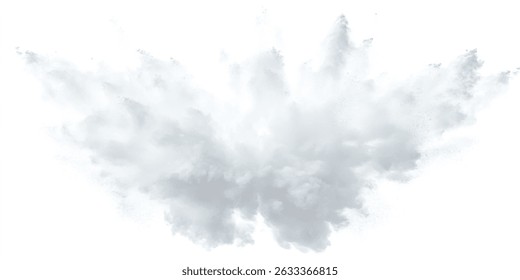 Explosão de pó branco, isolado em fundo branco. Explosão de pó de cor branca brilhante da pintura. Textura de fundo de pó de explosão cinza e branco abstrato.	
