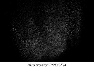 White powder explosion on black background abstract with dust particle splash. Dynamic smoke cloud burst motion texture with scattered dispersion and dramatic flow