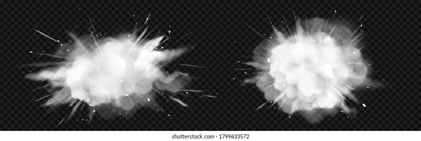 White Powder Explosion, Snow Burst With Flying Ice Particles And Snowflakes. Vector Realistic Set Of Exploding Clouds Of White Dust Isolated On Transparent Background