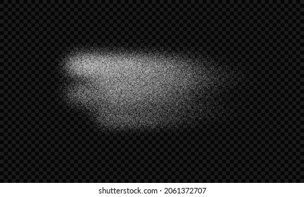 White powder isolated on black transparent background. Snow dust, wind or fog. Dots clouds abstract design element. Vector blizzard. 