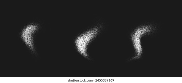 White powder splashed set. Salt, sugar or flour splatter granules collection. Grunge stipple sprayed powder speckles, dots and pieces. Snow, dust or sand textured overlay. Vector gritty background