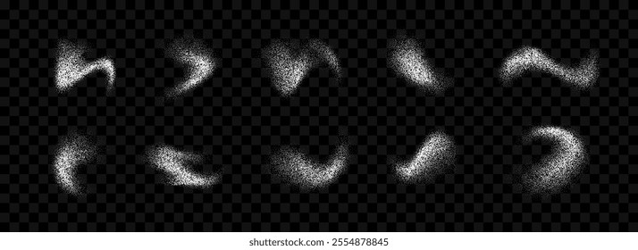 White powder splashes collection. Grunge grain spray texture set. Dotted curved smudged brush stains bundle. Sand noise splattered overlay pack. Abstract stippled fluid grain gradient shapes. Vector