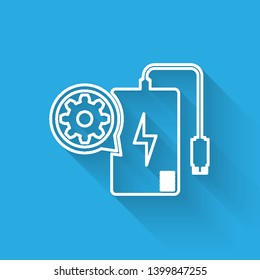 White Power bank with charge cable and gear line icon isolated with long shadow. Adjusting app, service concept, setting options, maintenance, repair. Vector Illustration