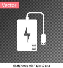 White Power bank with different charge cable icon isolated on transparent background. Portable charging device. Vector Illustration