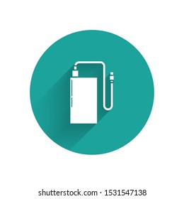 White Power bank with different charge cable icon isolated with long shadow. Portable charging device. Green circle button. Vector Illustration
