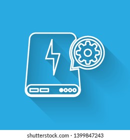 White Power bank and gear line icon isolated with long shadow. Adjusting app, service concept, setting options, maintenance, repair, fixing. Vector Illustration