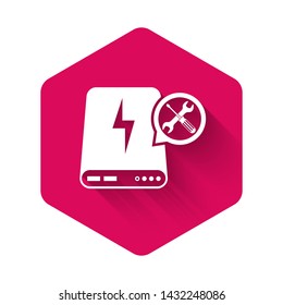 White Power bank with screwdriver and wrench icon isolated with long shadow. Adjusting, service, setting, maintenance, repair, fixing. Pink hexagon button. Vector Illustration