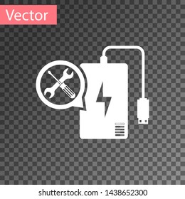 White Power bank with screwdriver and wrench icon isolated on transparent background. Adjusting, service, setting, maintenance, repair, fixing.  Vector Illustration