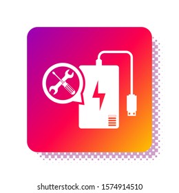 White Power bank with screwdriver and wrench icon isolated on white background. Adjusting, service, setting, maintenance, repair, fixing. Square color button. Vector Illustration