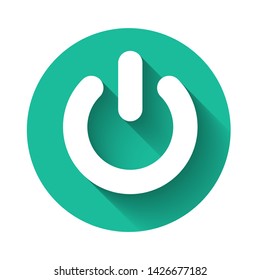 White Power button icon isolated with long shadow. Start sign. Flat design. Green circle button. Vector Illustration