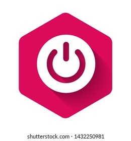 White Power button icon isolated with long shadow. Start sign. Flat design. Pink hexagon button. Vector Illustration