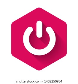 White Power button icon isolated with long shadow. Start sign. Flat design. Pink hexagon button. Vector Illustration