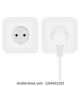 White power cord cable plugged into european wall outlet on white wall. Vector illustration
