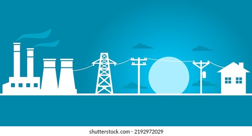 White power plant generates electricity to transmit electricity to electric poles and city building home with full moon in night blue background flat vector design.