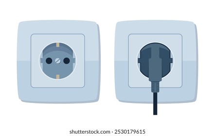 Toma de corriente blanca para el tipo europeo de equipo eléctrico. Toma de corriente con cable enchufado. Ilustración vectorial