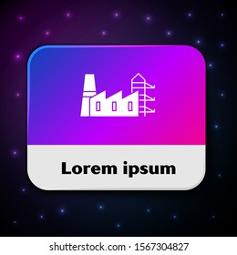 White Power station plant and factory icon isolated on black background. Energy industrial concept. Rectangle color button. Vector Illustration