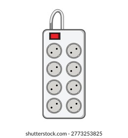 White power strip with multiple outlets, red onoff switch and cord for charging and distributing electricity to devices in home or office, close up, modern vector illustration
