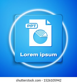 White PPT file document. Download ppt button icon isolated on blue background. PPT file presentation. Blue square button. Vector Illustration