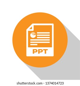 White PPT file document icon. Download ppt button icon isolated on white background. PPT file presentation. Orange circle button. Vector Illustration
