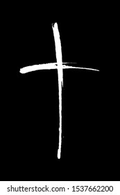 White prayer cross vector illustration. Catholic religion symbol hand drawn paint brush illustration with typography isolated on black background. Christian faith