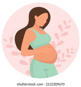 White pregnant woman with nature and leaves background. Concept motherhood vector illustration in flat style.