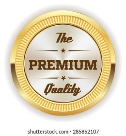 White premium quality badge with gold border on white background