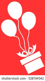 White Present box fly with three white balloon on red background