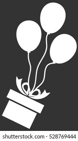 White Present box fly with three white balloon on black background