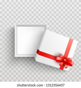 White present box with red ribbon bow top view. Vector opened surprise package for christmas, birthday celebration design. Boxing day, black friday discount banners element, transparent background