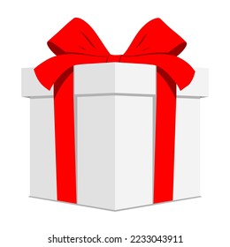 White present box with red ribbon, isolated on background. Flat style giftbox vector illustration.