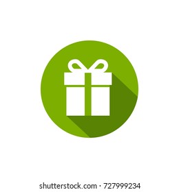 white present box with shadow in green circle. simple icon isolated on white background. present sign. flat vector Illustration. Good for web and mobile design. holiday shopping