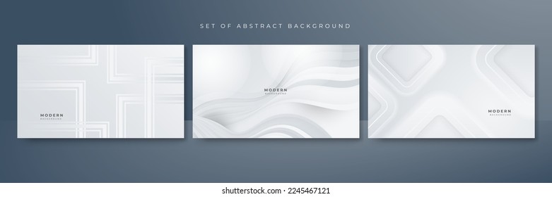 White presentation background with modern abstract geometric shapes decoration element. Vector illustration in set of three background for tech banner, game design, business report