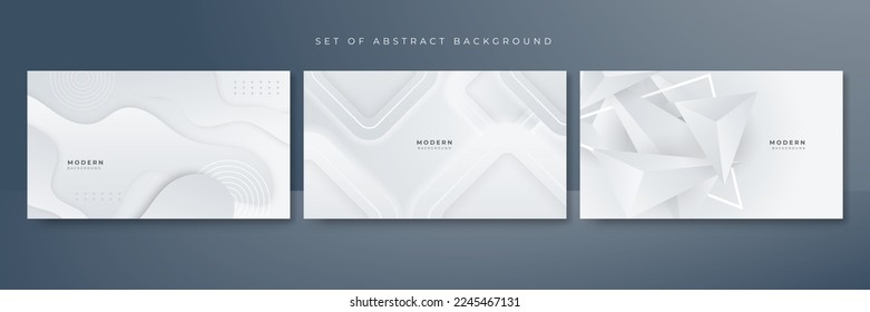 Fondo de presentación en blanco con elementos de decoración de formas geométricas abstractas y modernas. Ilustración vectorial en conjunto de tres antecedentes para banner tecnológico, diseño de juegos, informe de negocios