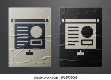 White Presentation board with graph, schedule, chart, diagram, infographic, pie graph icon isolated on crumpled paper background. Paper art style. Vector Illustration