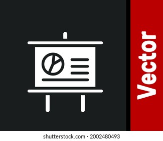 Weiße Präsentationsplatte mit Grafik, Plan, Diagramm, Diagramm, Infografik, Kuchen-Graphen-Symbol einzeln auf schwarzem Hintergrund.  Vektorgrafik
