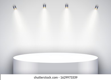 White presentation circle podium on light backdrop with four spotlights. Editable Background Vector illustration.