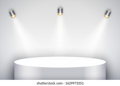 White presentation circle podium on light backdrop with three spotlights. Editable Background Vector illustration.