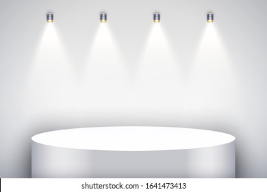 White presentation circle podium on red backdrop with four spotlights. Editable Background Vector illustration.