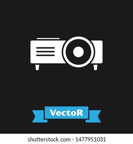 White Presentation, movie, film, media projector icon isolated on black background.  Vector Illustration