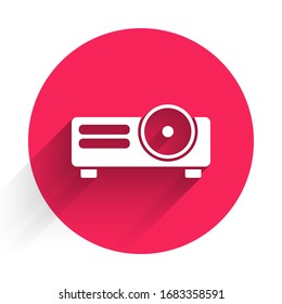 White Presentation, movie, film, media projector icon isolated with long shadow. Red circle button. Vector Illustration