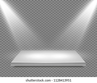 
White presentation platform on a transparent background with spotlights. Vector illustration.
