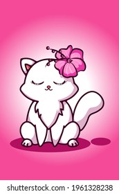 A white pretty cat with flower in her ear
