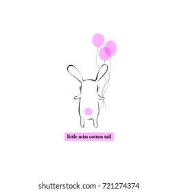 white pretty cute small bunny with pink balloons, girly isolated vector illustration for t-shirts, phone case, mugs, baby shower, wall art, birthday cards etc.  text "little miss cotton tail"