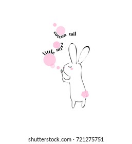 white pretty cute small bunny blows pink bubbles, girly isolated vector illustration for t-shirts, phone case, mugs, baby shower, wall art, cards etc.  text "little miss cotton tail"