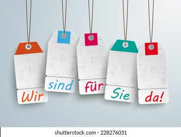 White price stickers on the white background. German text "Wir sind fÃ?Â?Ã?Â¼r Sie da", translate "We`re open". Eps 10 vector file.