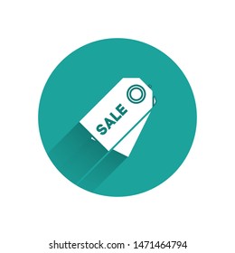 White Price tag with an inscription Sale icon isolated with long shadow. Badge for price. Promo tag discount. Green circle button. Vector Illustration