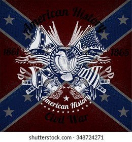 white print with eagle and vintage weapons on Confederate flag background. Brand or T-shirt style