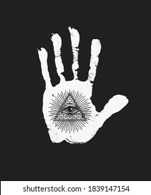 White print of a human hand with all seeing eye symbol on the black background. Vector hand-drawn illustration on the occult or alchemical theme with the third eye on the open palm