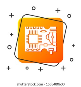 White Printed circuit board PCB icon isolated on white background. Orange square button. Vector Illustration